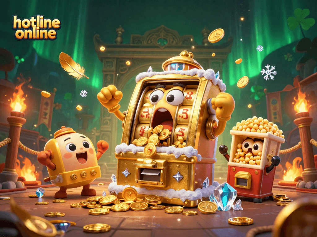 Engage with hotline online as a golden slot machine hits a jackpot, surrounded by cheers and vibrant casino elements.