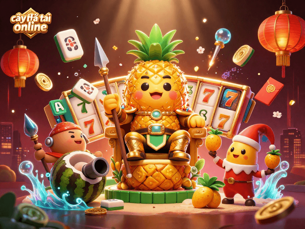 Experience the excitement of cây phát tài online with a vibrant 3D illustration of a golden pineapple king and playful characters in a lively casino setting.