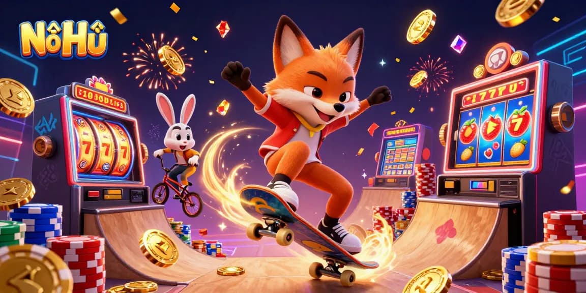 Nổ Hũ jackpot excitement illustrated with a skateboarder fox and BMX rabbit amidst flying coins and slot symbols.