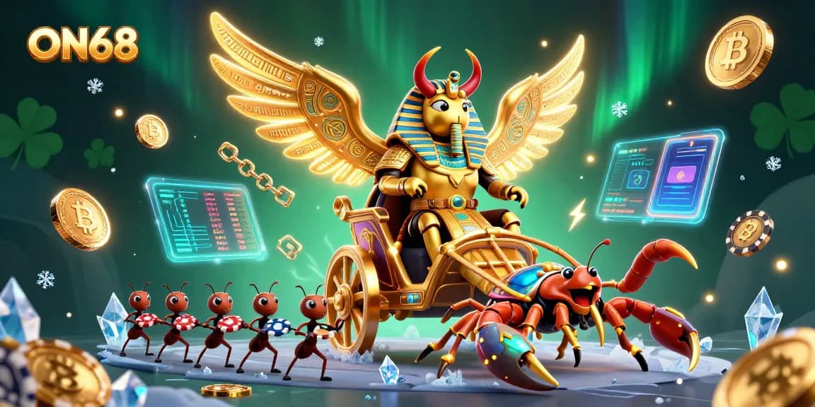 Engage in thrilling gameplay at ON68 with a dynamic casino-themed fantasy scene featuring iconic elements.