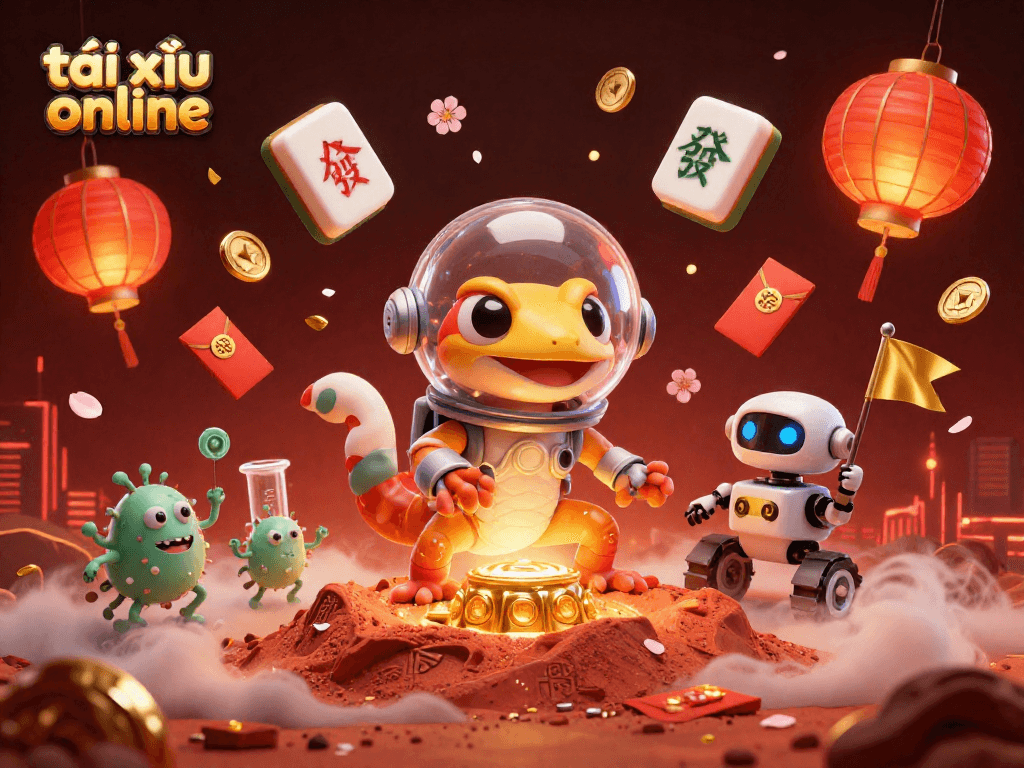 Exciting gaming scene with a Martian gecko discovering a golden casino in the thrilling world of tài xỉu online.