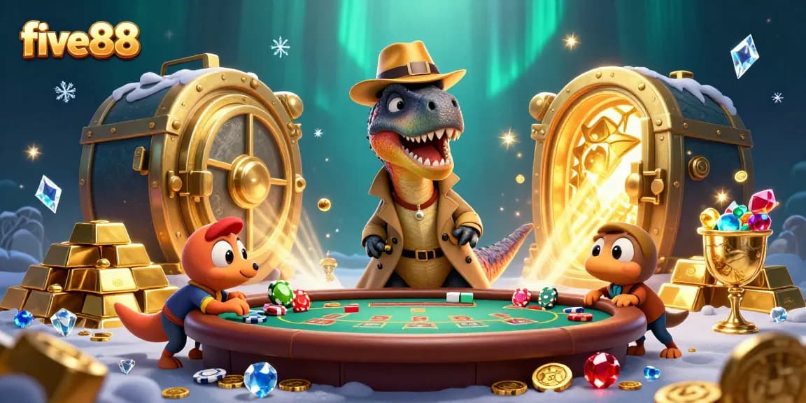 Experience the thrilling blackjack action at five88 with cartoon dinosaurs in a lively casino scene.