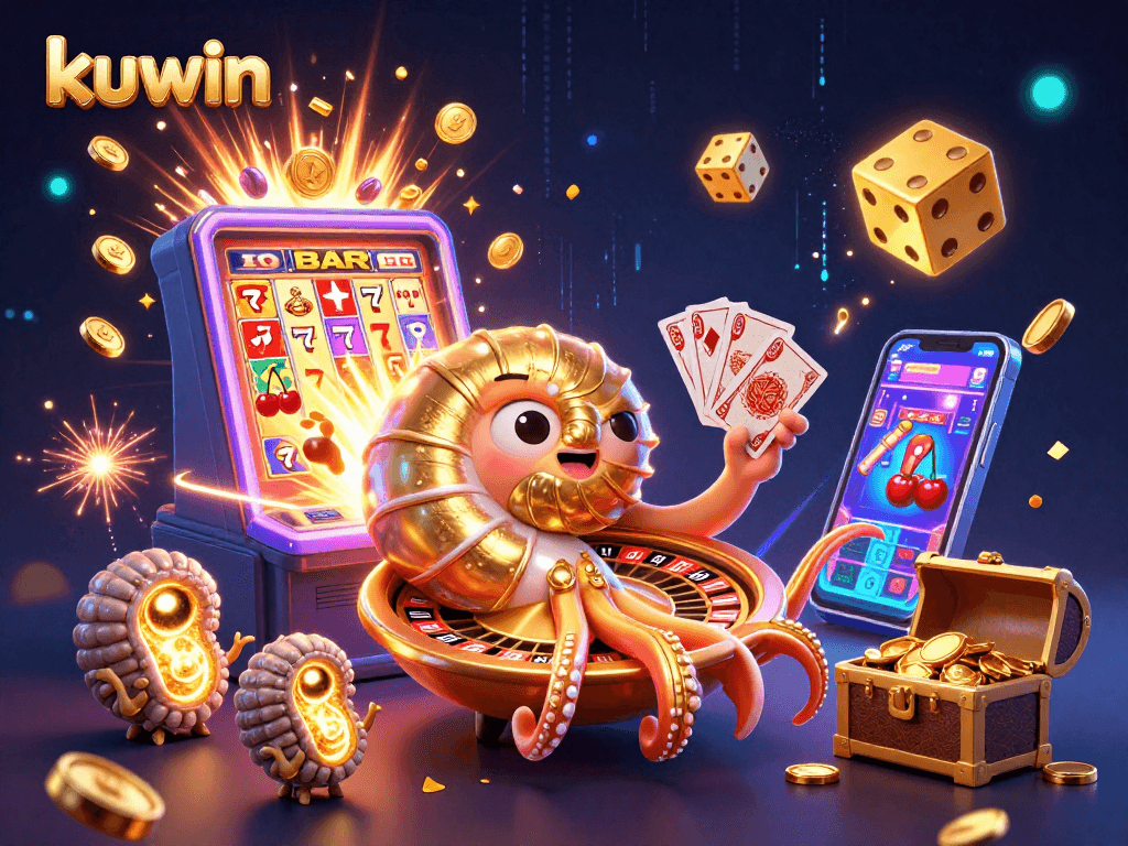 Kuwin's giant nautilus promoting thrilling online casino games with dynamic slot machines and vibrant jackpot rewards.