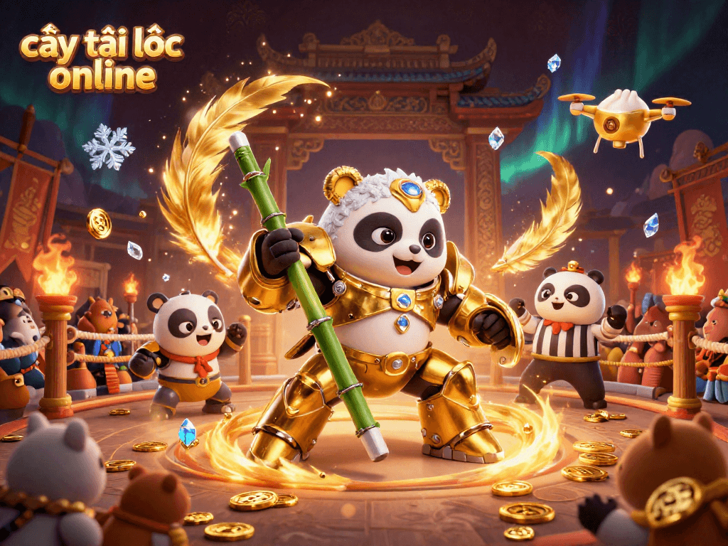 Engage in cây tài lộc online excitement with a mech-suit panda battling in a vibrant gaming arena.