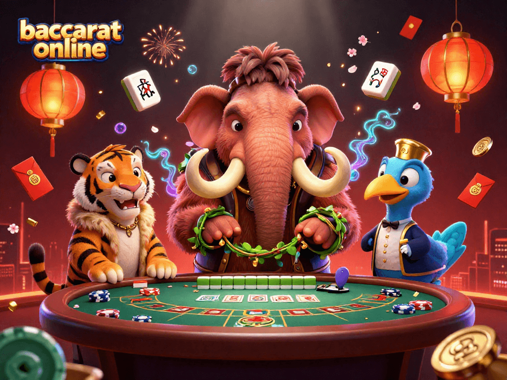 Experience baccarat online in a vibrant scene with 3D cartoon characters, casino elements, and festive decorations.