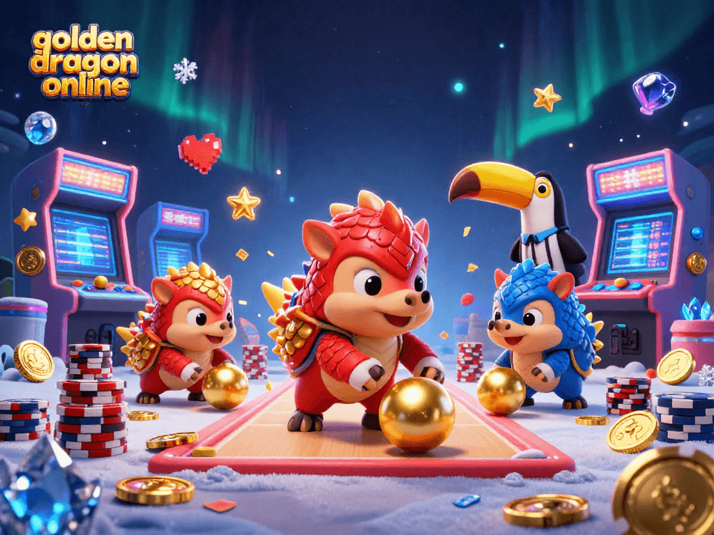 Engage with golden dragon online in this vibrant 3D cartoon scene featuring playful pangolins and casino elements.