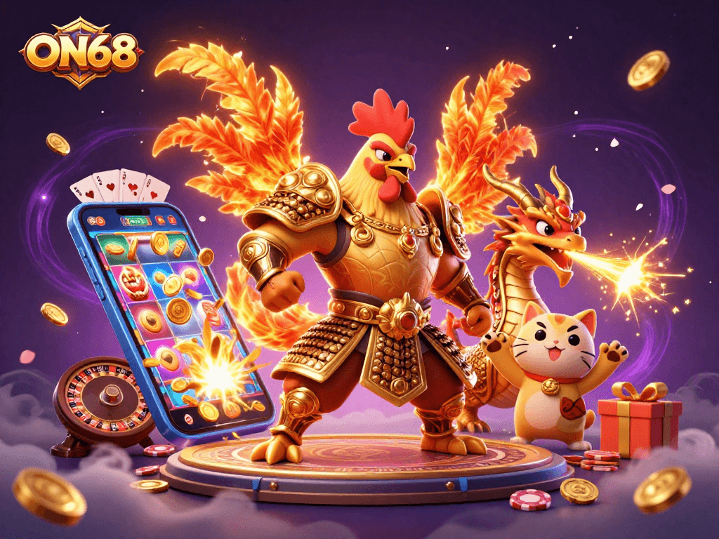 Experience ON68 with a dynamic scene showcasing a fierce rooster warrior and a dragon hatchling amid vibrant casino elements and excitement.