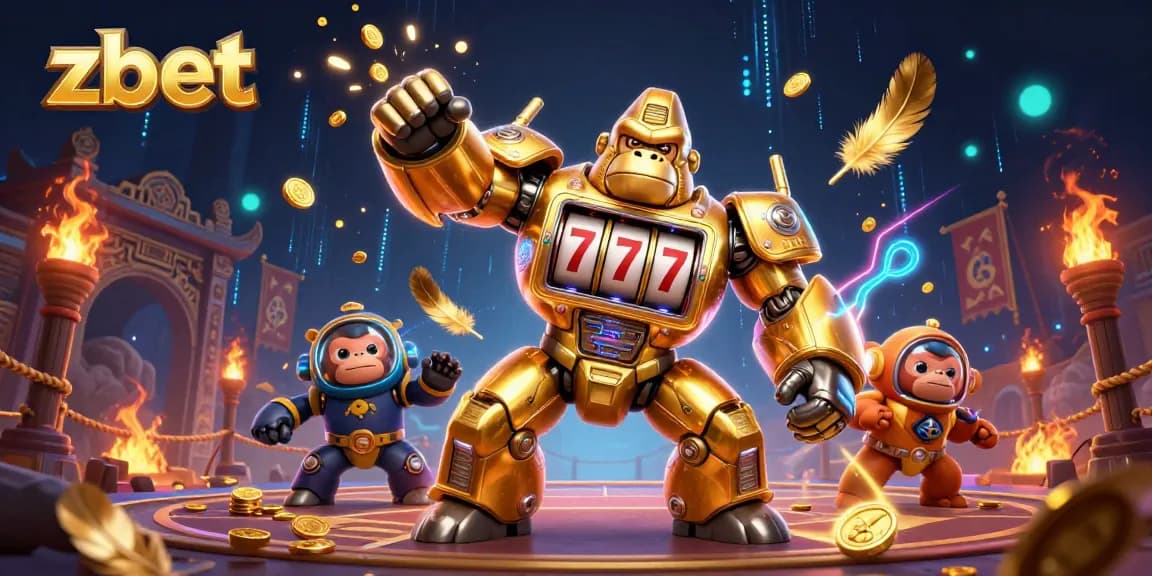 Experience zbet's thrilling action with a golden gorilla mech and slot machine elements in a vibrant casino scene.