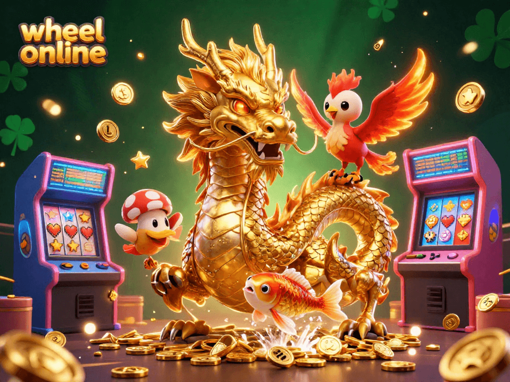 Experience thrill with a vibrant scene of wheel online, featuring a dragon, phoenix, and koi fish.