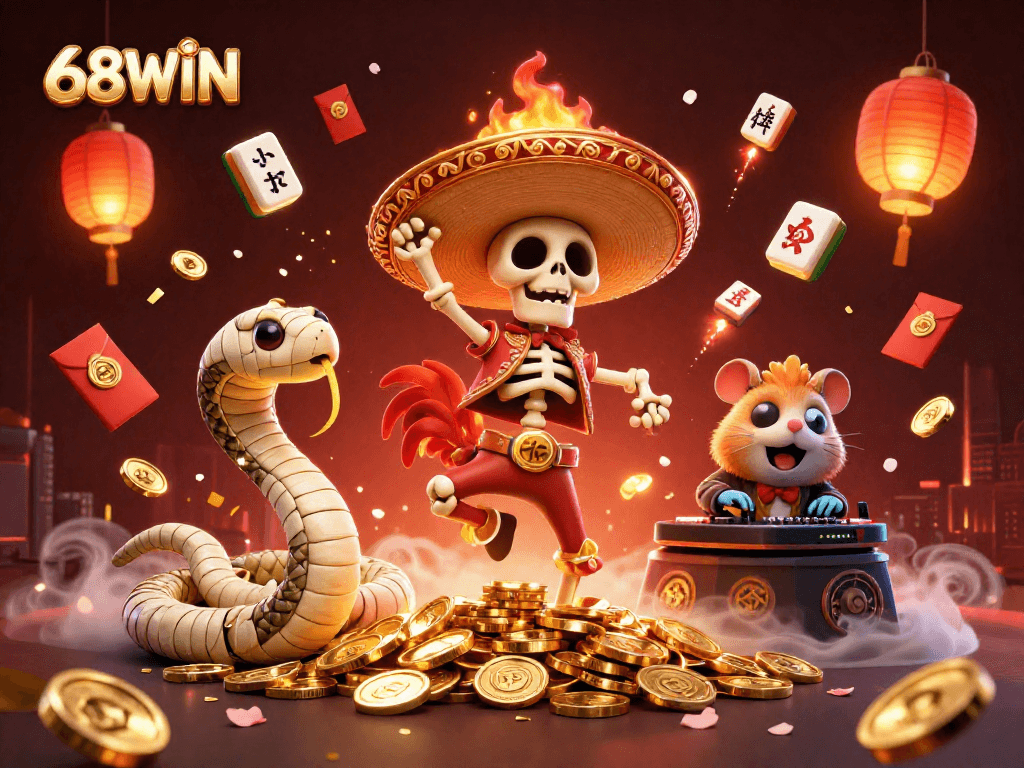 Experience the thrill of 68WIN's casino world with a vibrant 3D illustration of a festive scene.