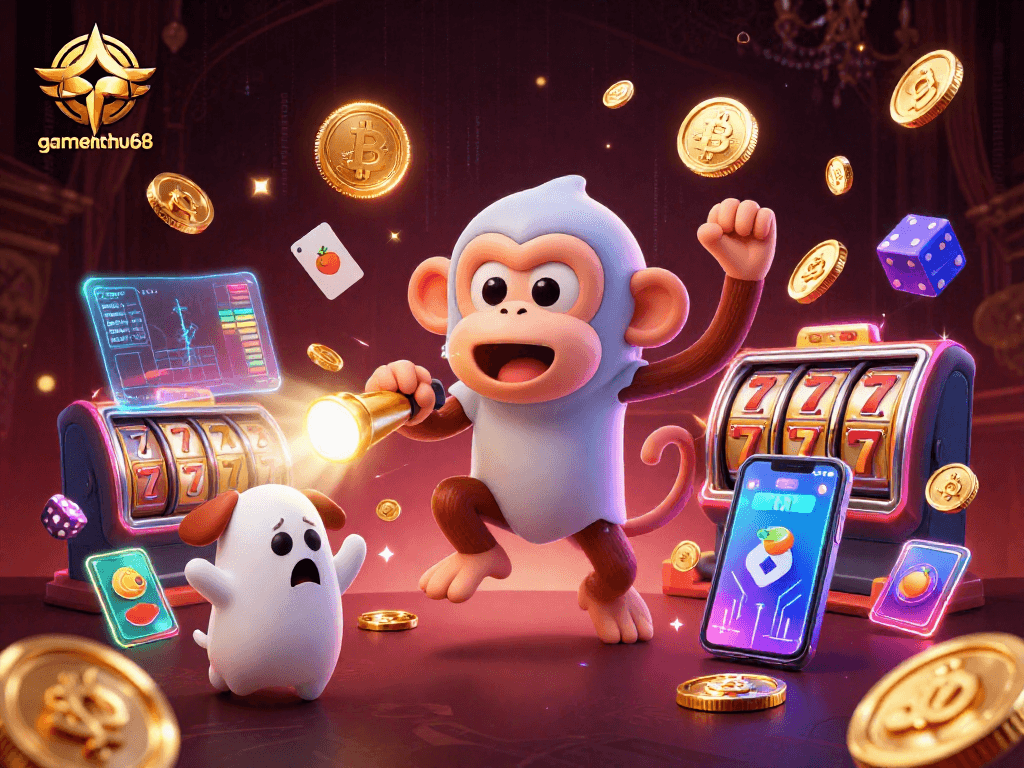 Engage with gamenohu68's thrilling casino adventure featuring a mischievous poltergeist monkey juggling in a rich, haunted casino.