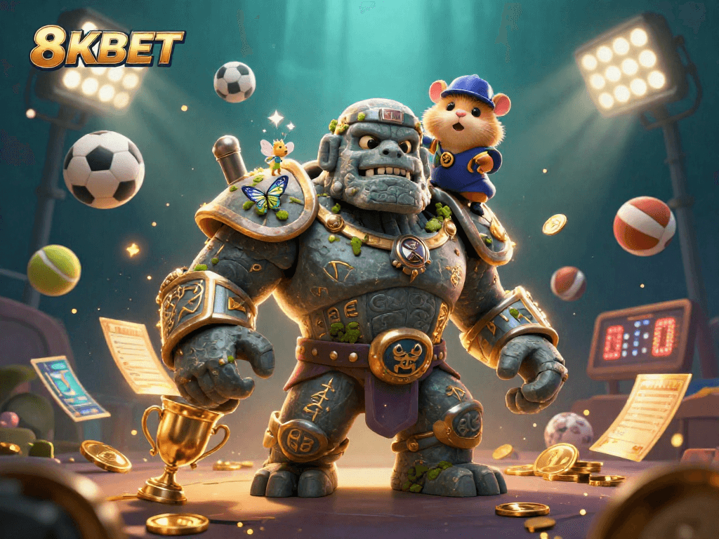 Engage in exciting 8KBET gaming with vibrant characters, dynamic sports elements, and enchanting imagery.