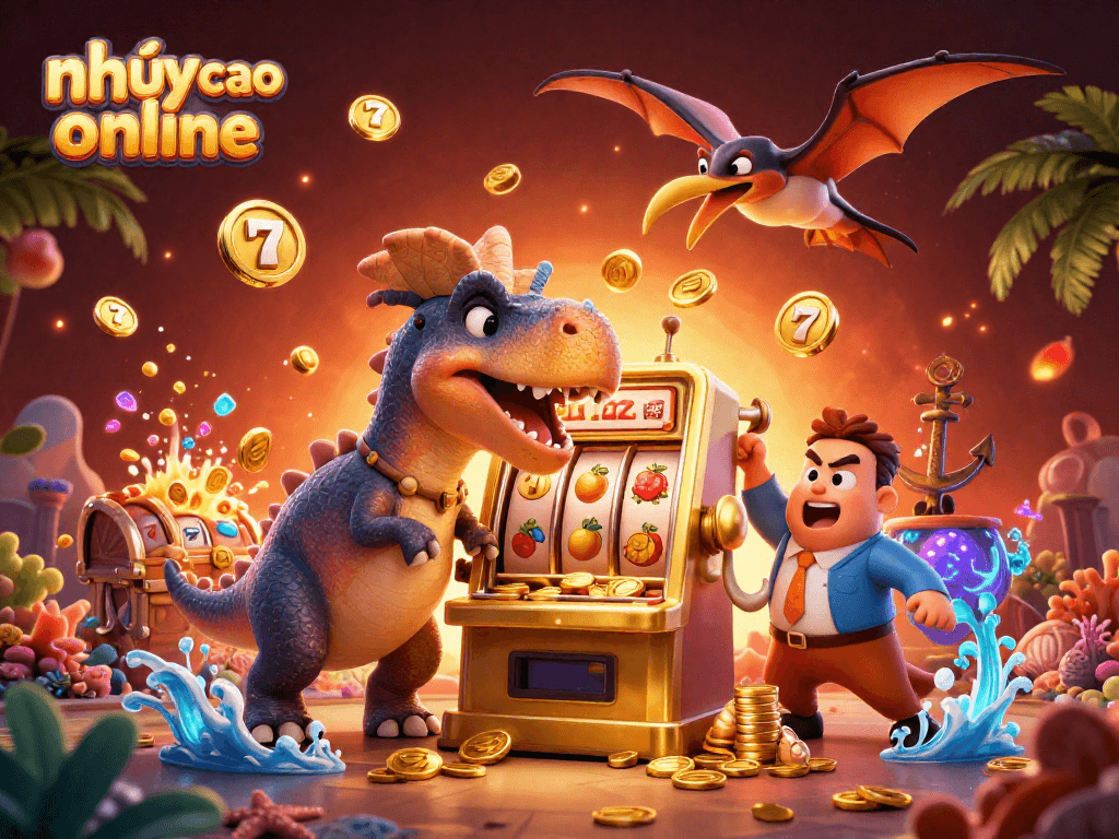 nhảy cao online features a cartoon dinosaur jackpot scene with coins and playful elements