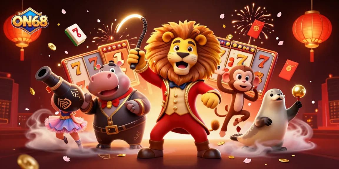 Experience the thrilling world of ON68 with vibrant characters in a rich 3D casino scene.