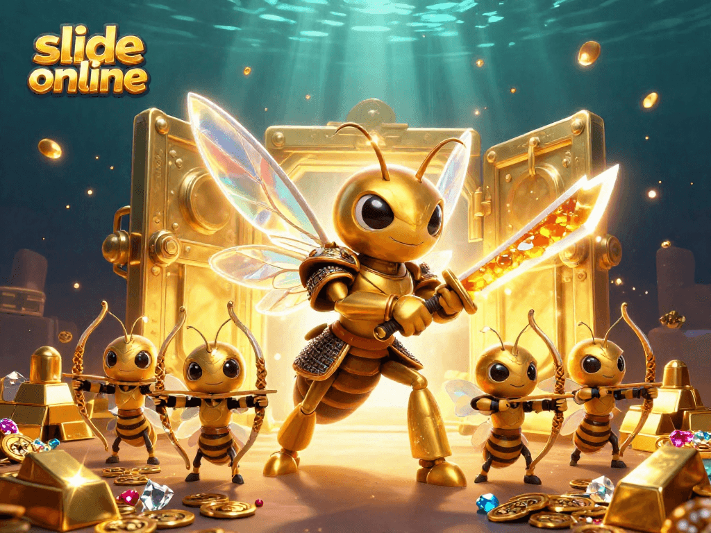 Experience the thrill of slide online with the dynamic 3D cartoon scene showcasing a golden hornet samurai and treasures.