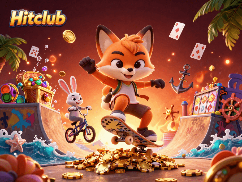 Experience the thrill at Hitclub with a vibrant 3D scene of cartoon characters and casino elements.
