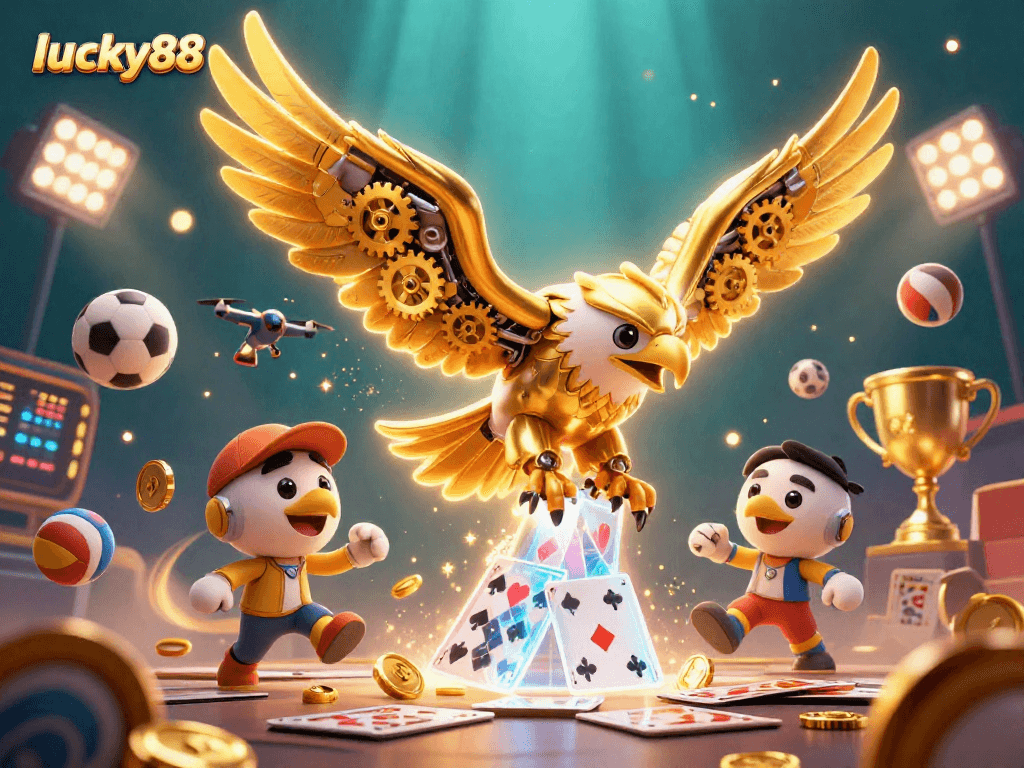 Experience exciting betting at lucky88 with a dynamic 3D illustration of a cybernetic eagle and sports elements.