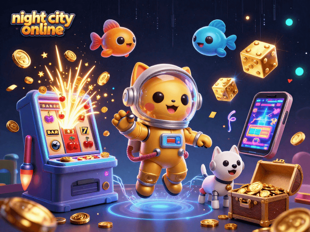 Engage in night city online gaming with vibrant casino elements and dynamic characters.