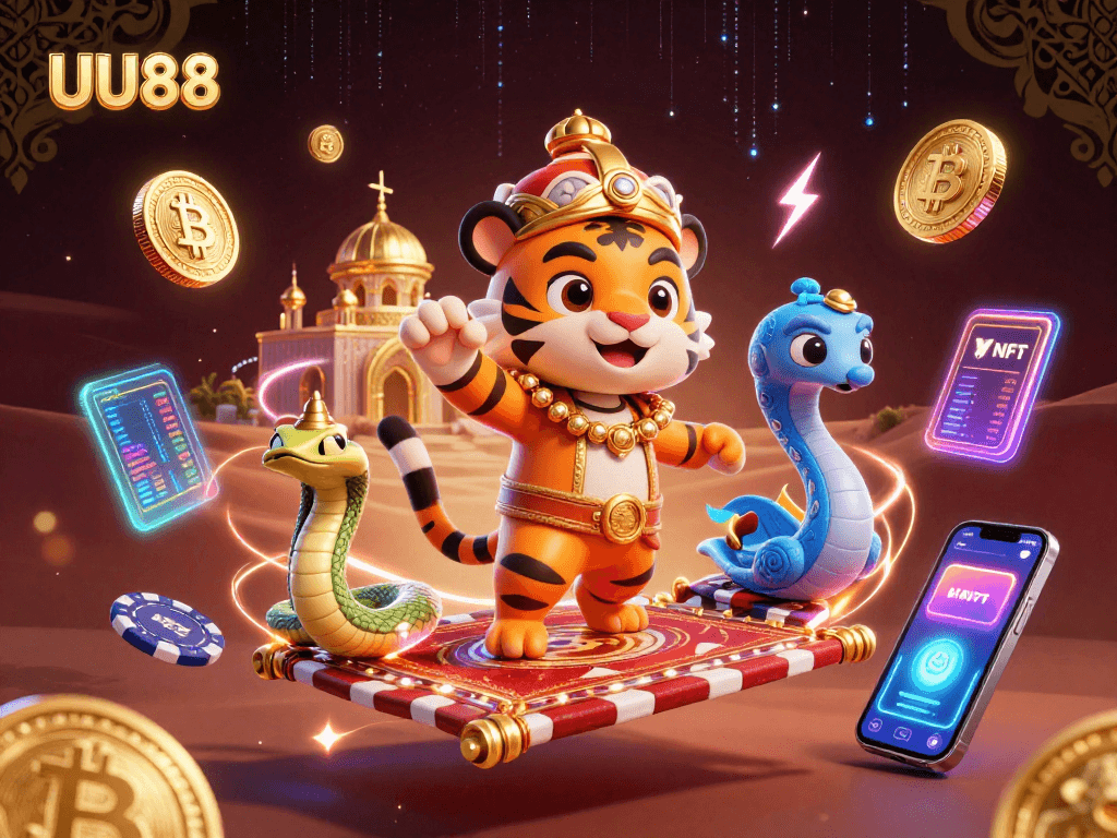 Experience the thrilling world of UU88 with an energetic Arabian Nights-themed illustration featuring a tiger sultan.