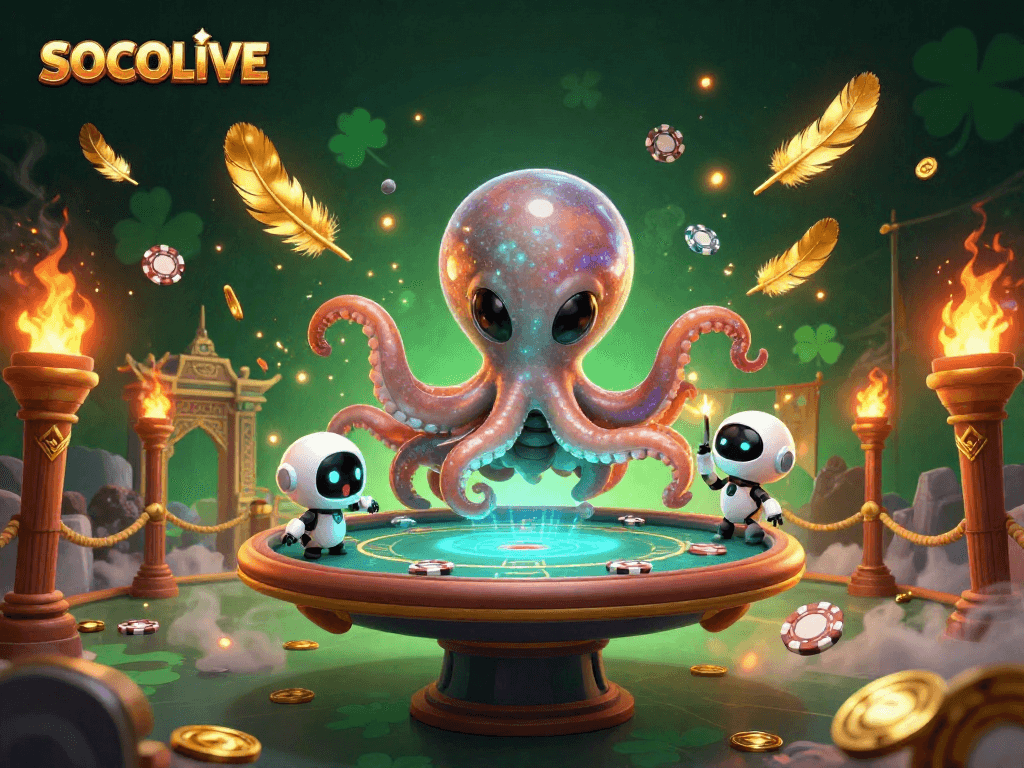 SOCOLIVE takes center stage as an alien octopus gears up for an epic poker game with glowing chips.