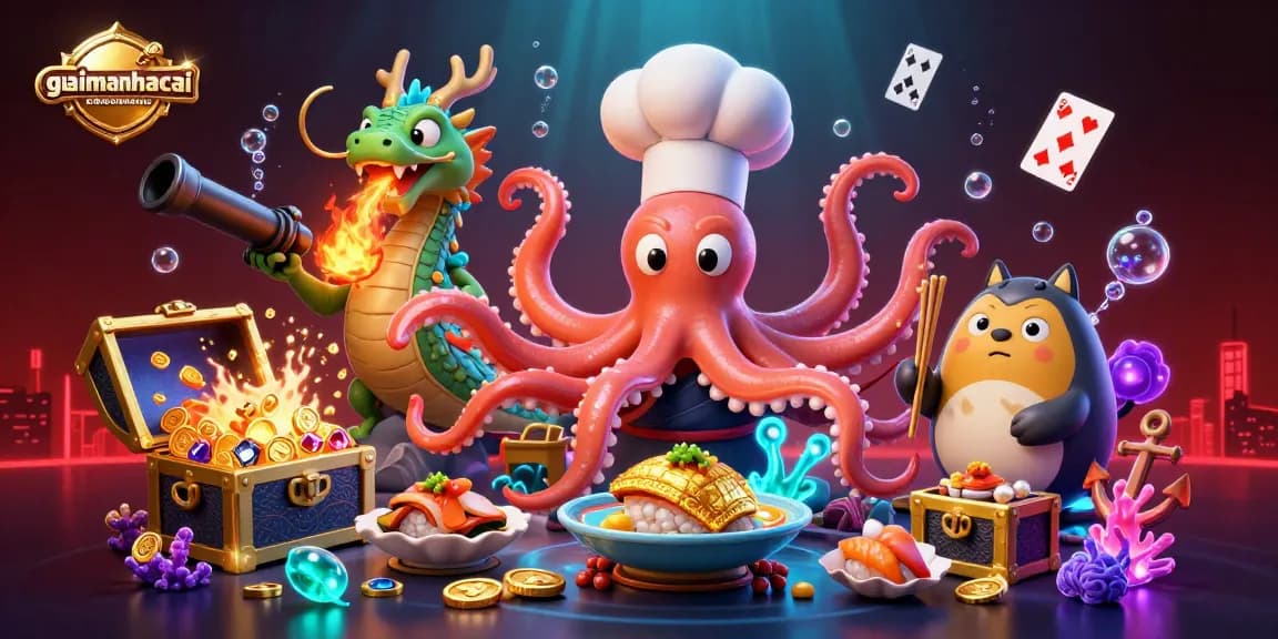 Set the scene ablaze with giaimanhacai's vibrant underwater casino experience featuring unique characters and gold treasures.