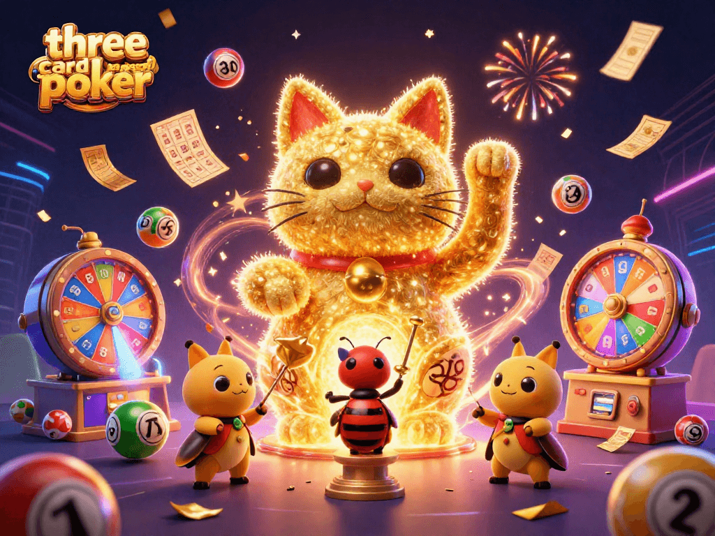 Engage in three card poker online with an exciting 3D illustration of a giant lucky cat and dynamic casino elements.