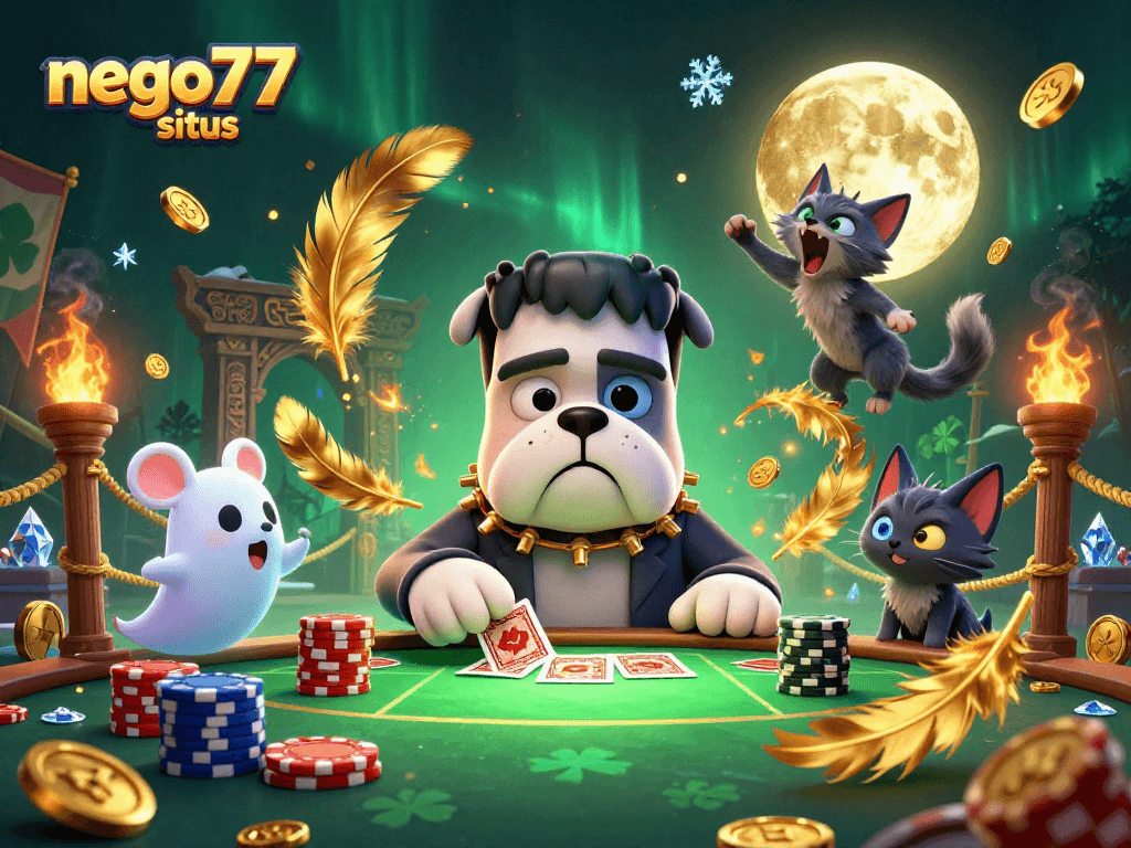 Engage with the exciting world of nego77 situs as a Frankenstein bulldog deals cards in a mystical casino.