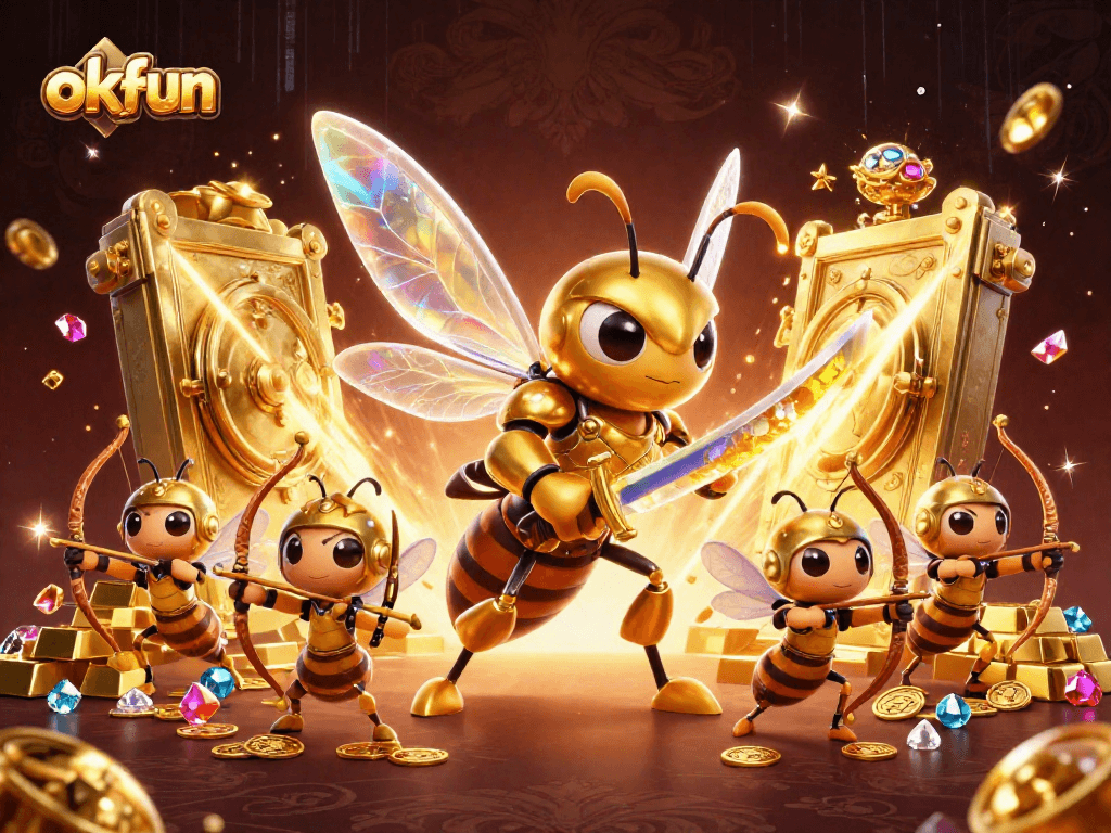 Experience epic gameplay with okfun featuring a golden samurai hornet amidst treasure and jewels.