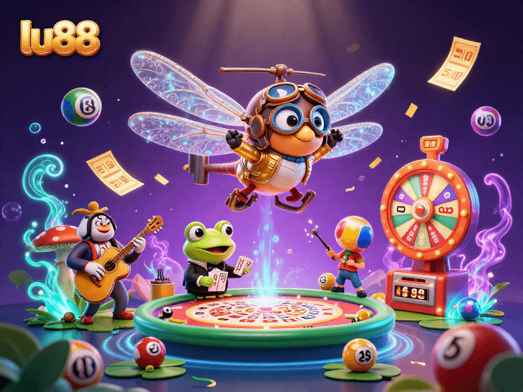 Experience lively gaming action at lu88 with a dragonfly pilot and frog croupier under dazzling effects.