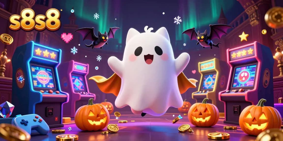 S8s8 offers thrilling gaming experiences with a ghost cat and vampire bat in a haunted casino scene filled with colorful elements.