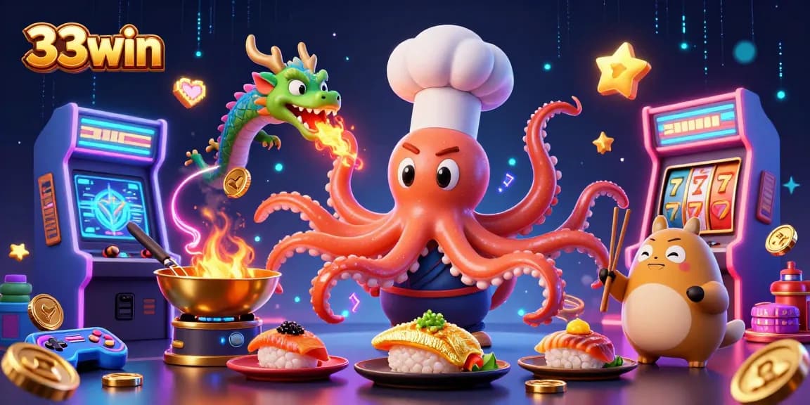 Engage with 33win's vibrant casino scene featuring sushi chef octopus and dragon elements.