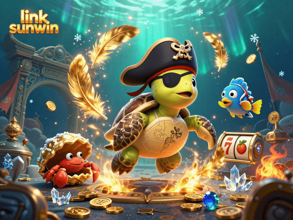Spin the reels with link sunwin featuring a pirate turtle and treasure in vibrant underwater scene.