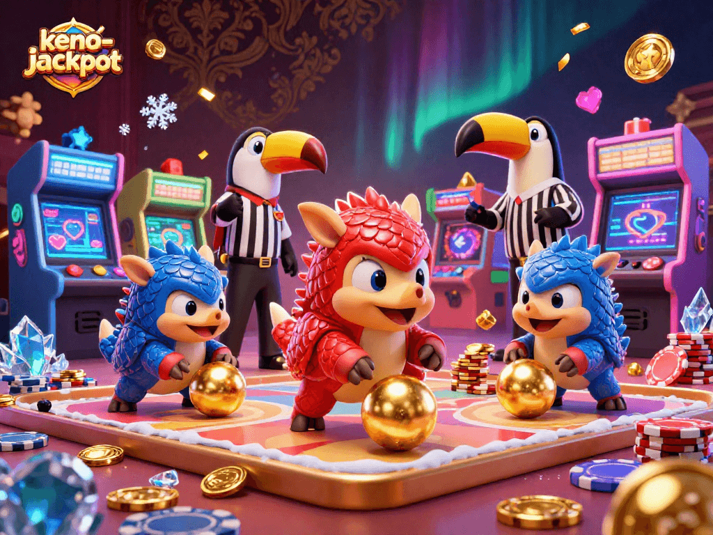 Experience keno-jackpot excitement as pangolins roll through poker chips in vibrant casino scene.