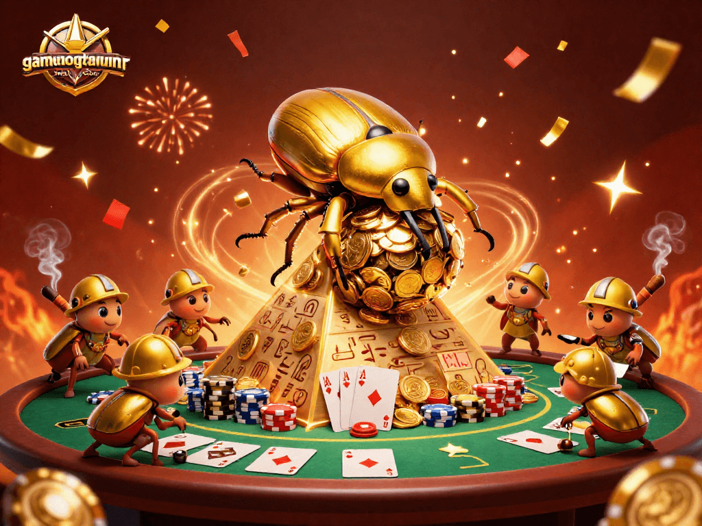 Engage with gamenongtraivuive's exciting casino entertainment featuring 3D cartoon beetles and sparkling poker elements.