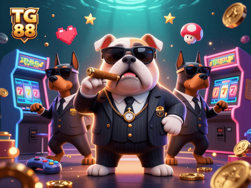 Experience thrilling gaming with TG 88 featuring a mafia bulldog and vibrant casino elements.