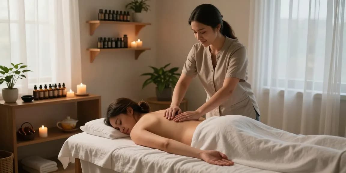Relaxing 김포출장마사지 session with therapist providing soothing massage atmosphere and warm lighting.