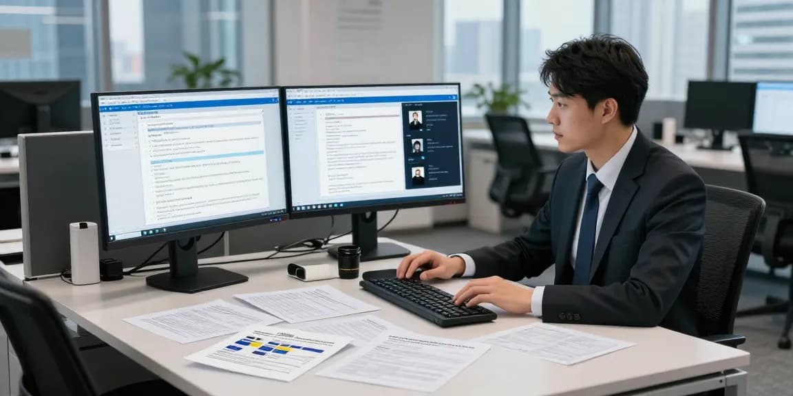 Document fraud detection analysis in a modern office with advanced technology and various documents on a desk.