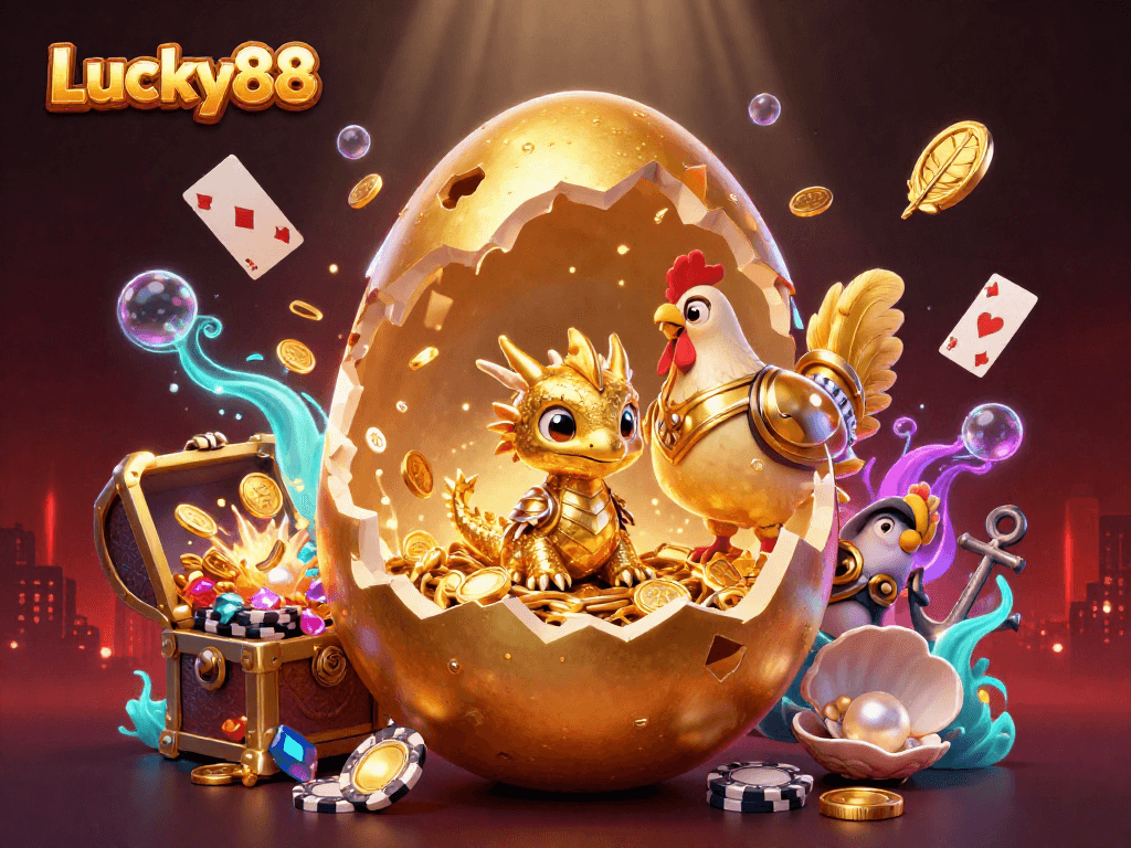Experience the exciting world of Lucky88 with a baby dragon in a treasure-filled casino illustration.