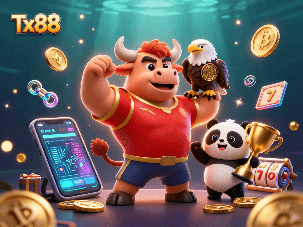 Tx88 celebrates gaming with a bull mascot, an eagle, and a panda in a vibrant casino scene.