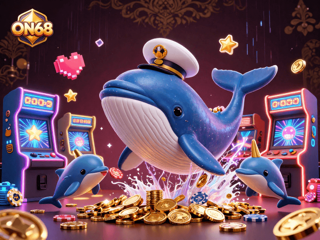 Experience ON68's exciting world with a 3D whale, narwhal, and dolphins in a colorful casino scene.