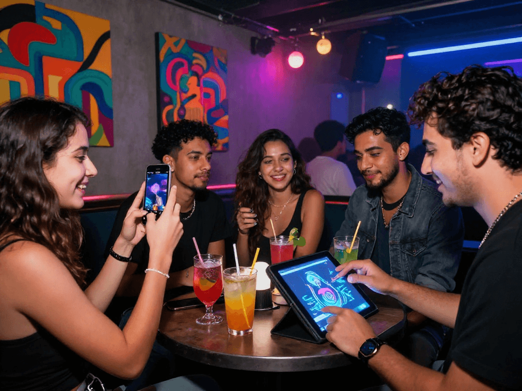 Group enjoying nsfw ai art installation in vibrant nightclub atmosphere