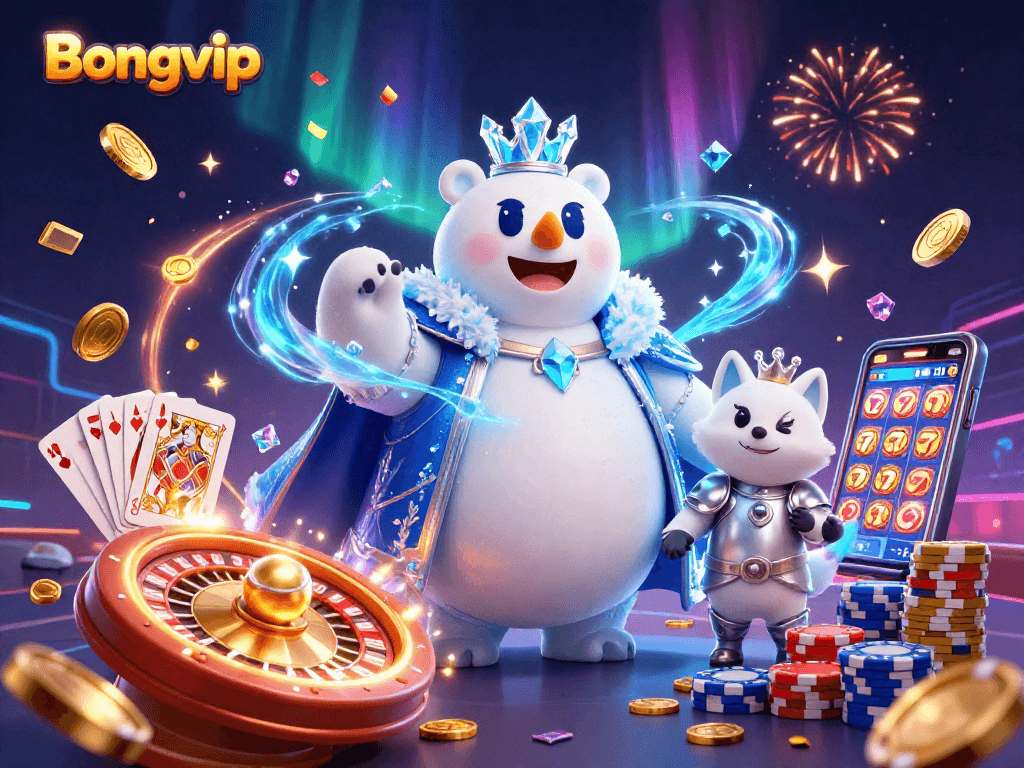 Bongvip offers thrilling casino experiences with an enchanting polar bear and snow fox in a festive gaming atmosphere.