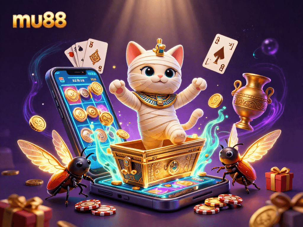 Play the mu88 slots with vibrant 3D Egyptian mummy and scarab beetle companions in a lively casino