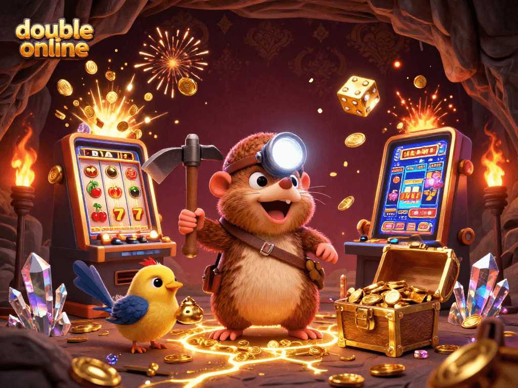 Engage with double online using a vibrant 3D illustration of playful casino elements and characters mining for treasure amidst a lucky slot machine explosion.