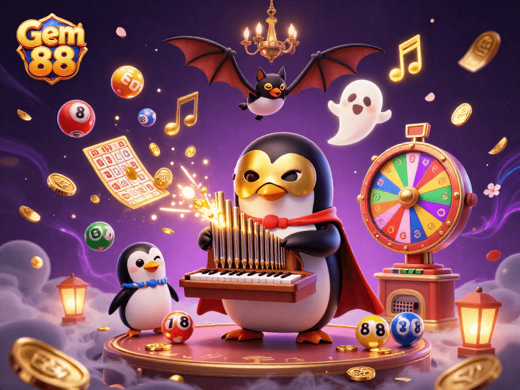 Engage with Gem 88 as a phantom penguin orchestrates a magical casino scene filled with vibrant lottery elements.