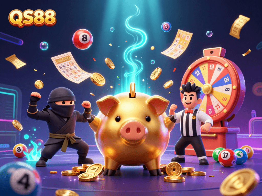 QS88 reveals exciting gameplay with a sumo wrestler piggy bank, attracting players with dynamic casino elements.
