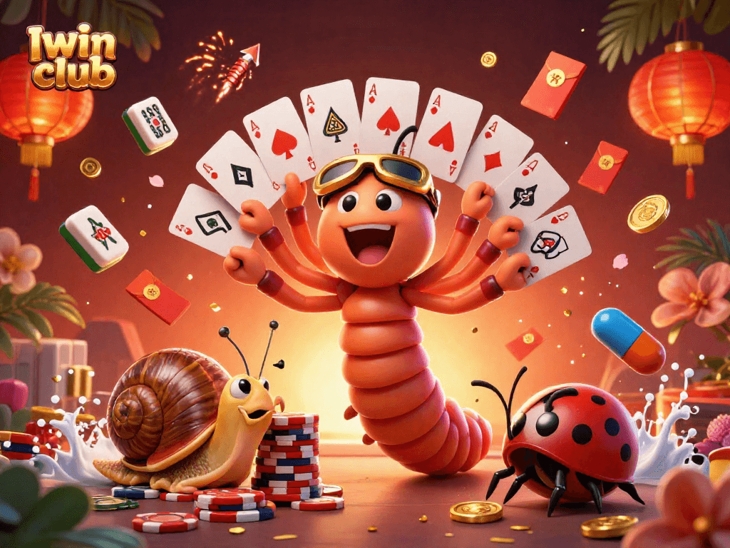 Iwin club offers an exciting atmosphere with a cartoon dealer and high-roller chip stacks in a vibrant casino scene.