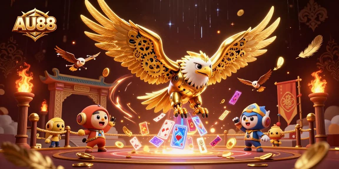 Engage with AU88's thrilling online gaming experience featuring a cybernetic eagle amidst vibrant casino elements.