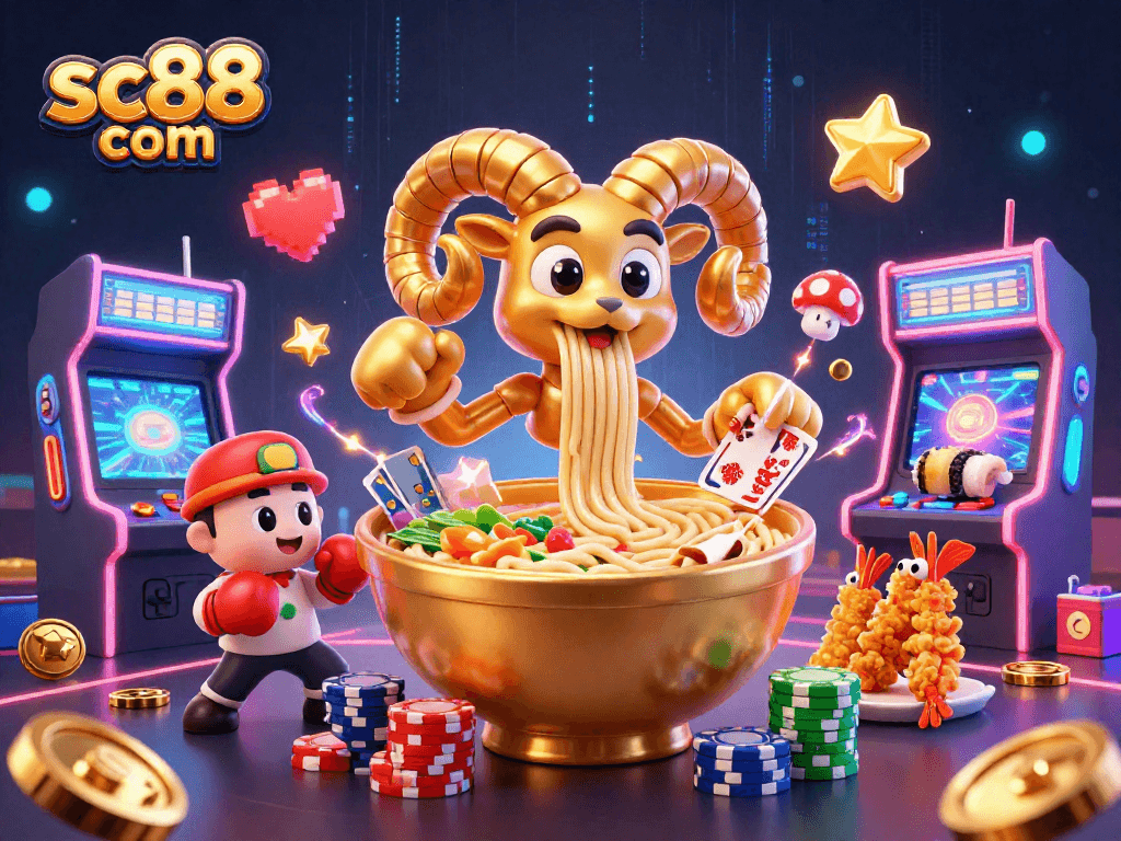 Engage with lively gaming at sc88 com featuring a giant ramen bowl dealer and exciting 3D arcade elements.