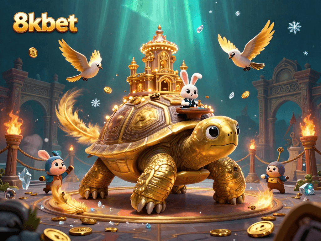 Experience the excitement of 8kbet with a vivid 3D illustration featuring a majestic tortoise casino.